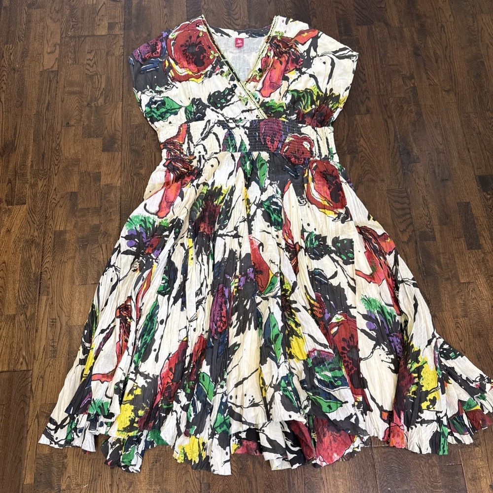 Y2K Sandy Starkman Dress Art‑to‑Wear Vintage 90 Indie Artsy Beaded Watercolor 2X
